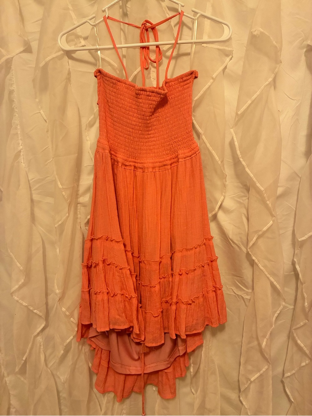 Smocked Halter Ruffled High-Low Dress - Coral